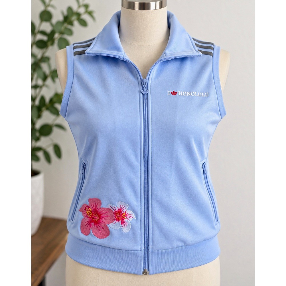 Vintage adidas I Love Honolulu Sleeveless Track Vest Blue Hawaiian Floral M